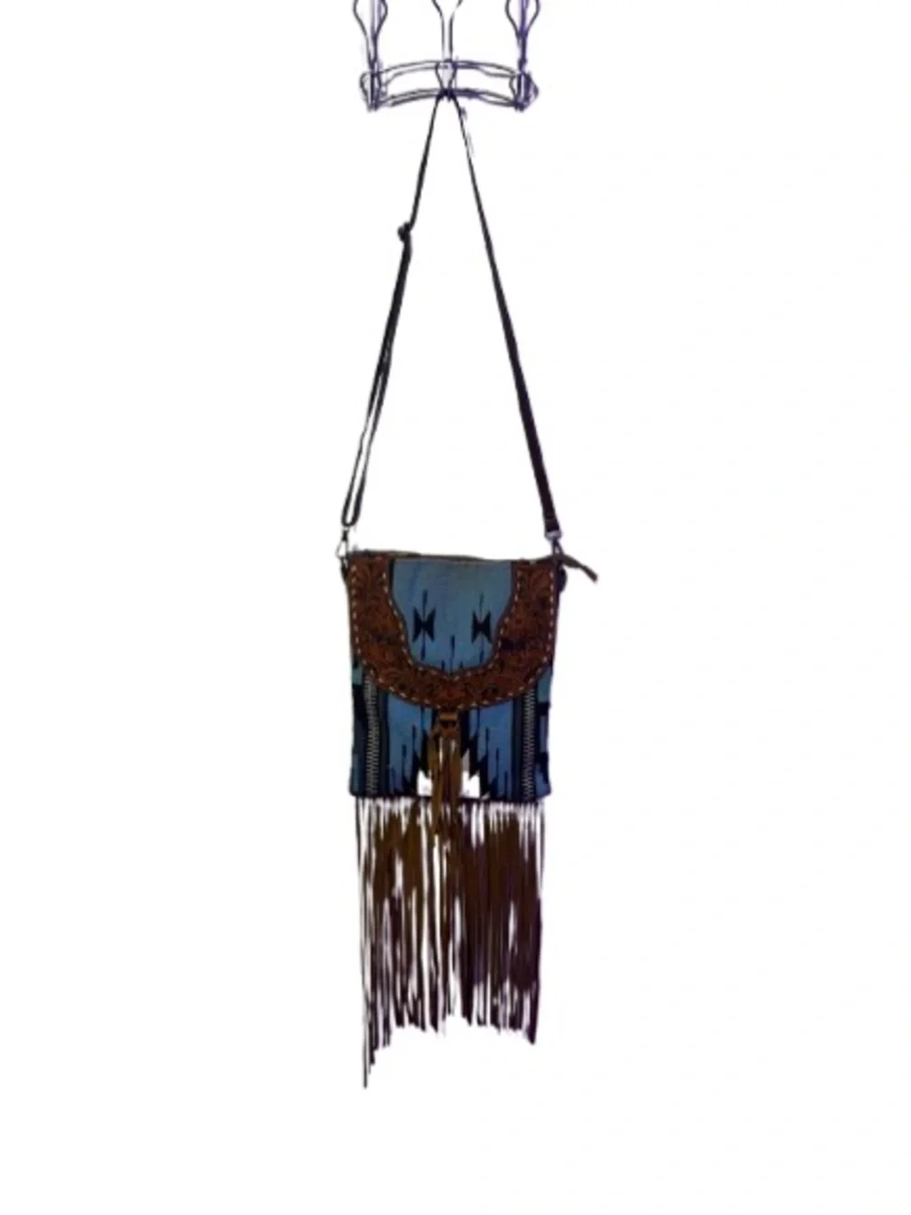 American Darling Fringe Crossbody Western Purse Preloved Teal/Brown